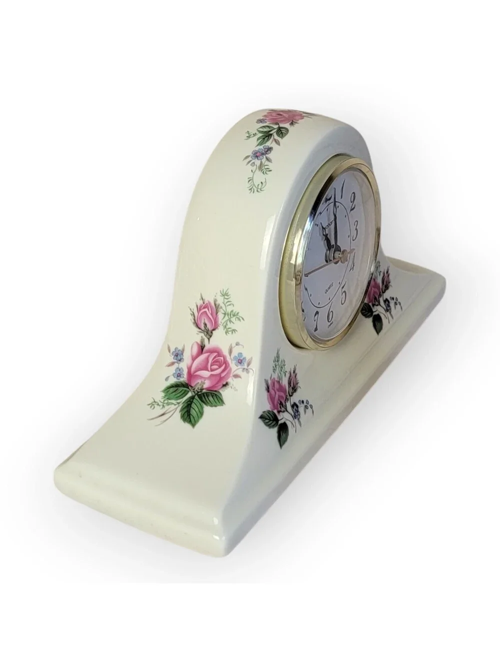 Quartzom Vintage Ceramic Mantel Clock with Pink Rose Floral Design